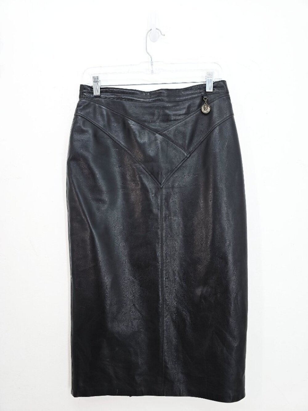 Vintage 70s 80s Black Faux? Black Leather High Waist Pencil Maxi Skirt  30" Wais